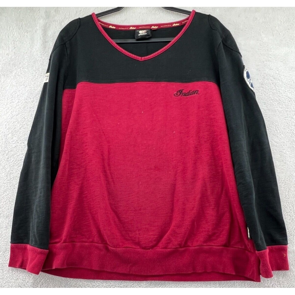 Indian Motorcycle Sweatshirt Womens XL Black Red Colorblock V-Neck Pullover